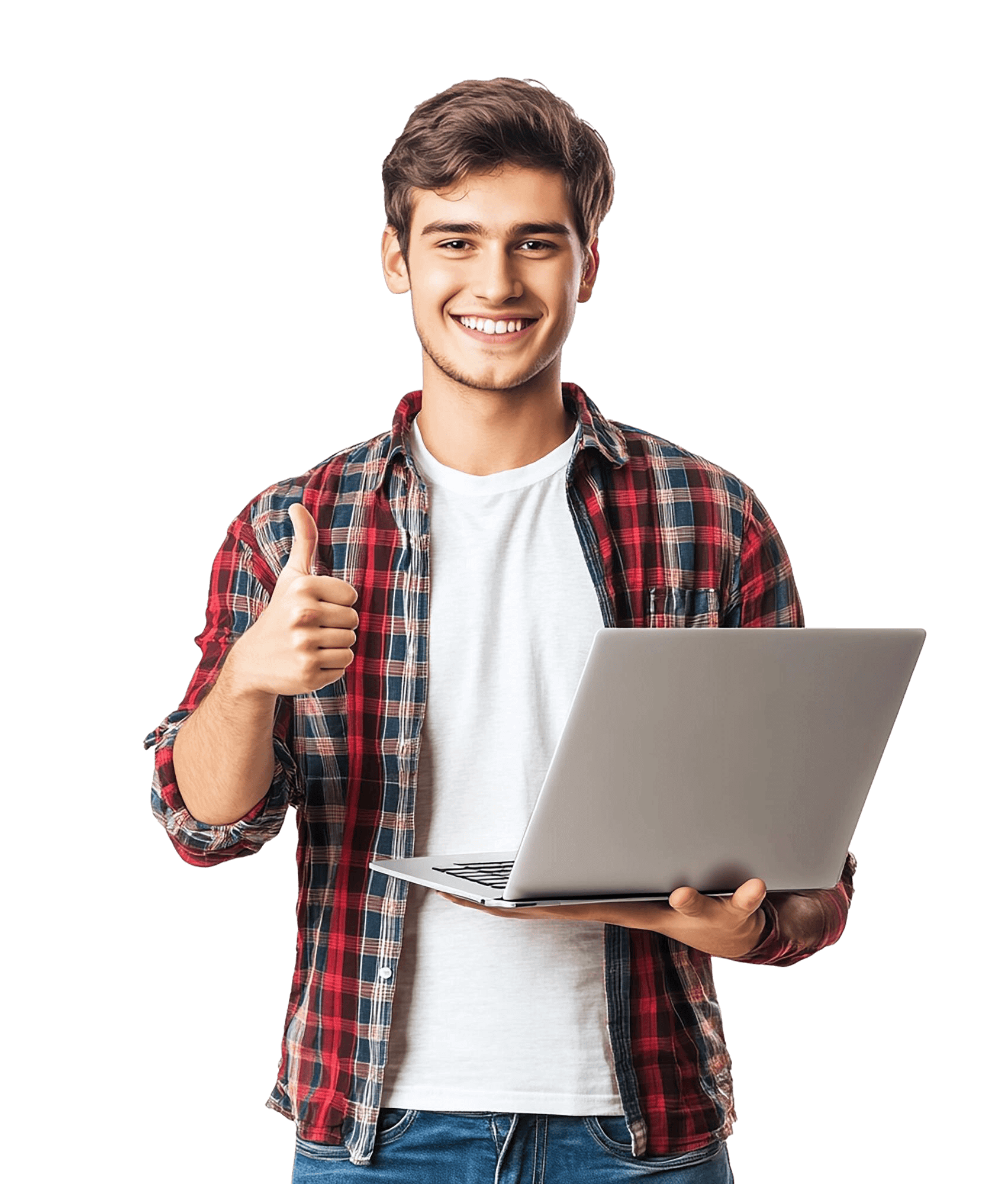 student standing with a laptop in hand.